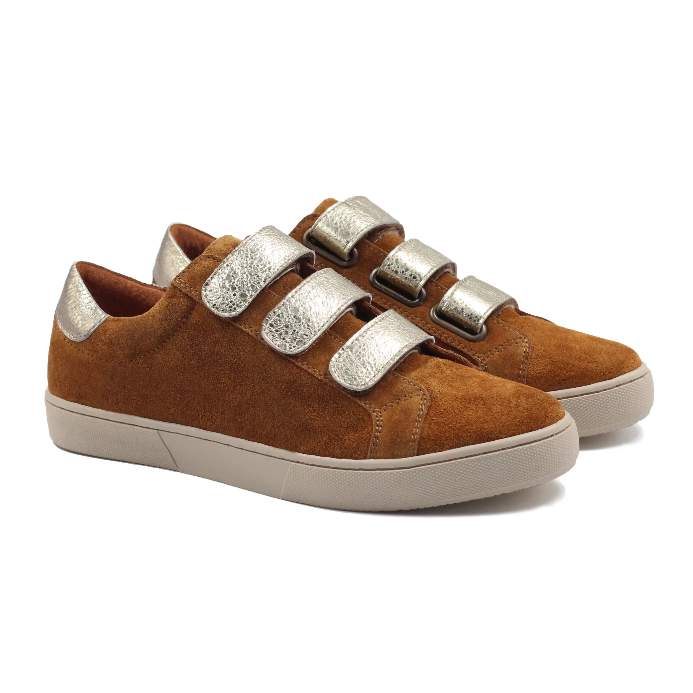 Baskets scratch cuir daim cognac doré