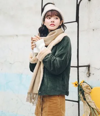 Blouson velours côtelé avec doublure fourrure intérieure épaisse pour femme