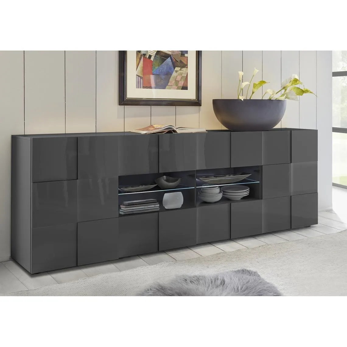 Buffet 2 portes et 4 tiroirs DAMA laqué anthracite brillant | 3 Suisses