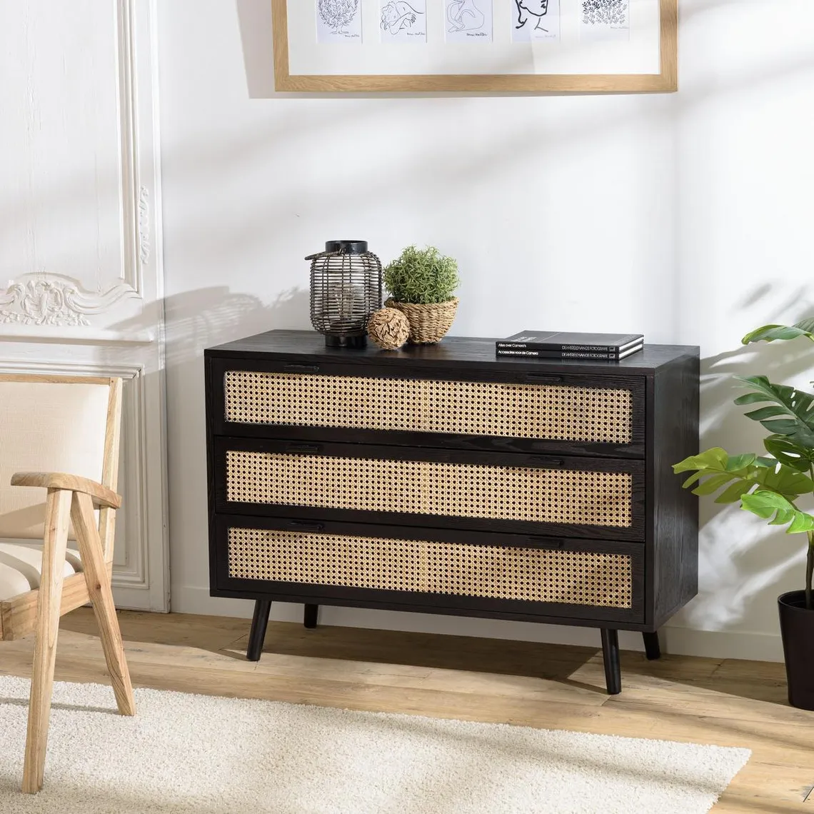 Commode noire 3 tiroirs cannage naturel ANGELO | 3 Suisses