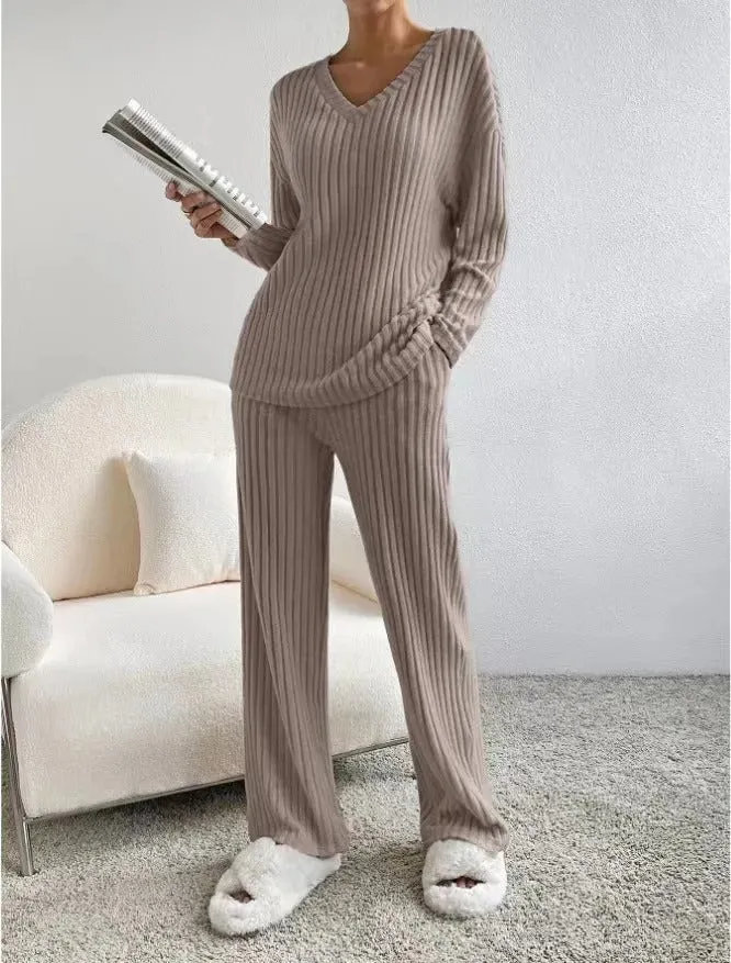 Ensemble d'hiver douillet en tricot à col en V pour femmes