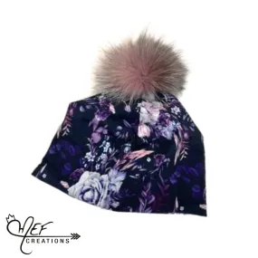 M.E.F Créations - Tuque à pompon doublure en polar - Fleuris mauve adulte 23 pouce