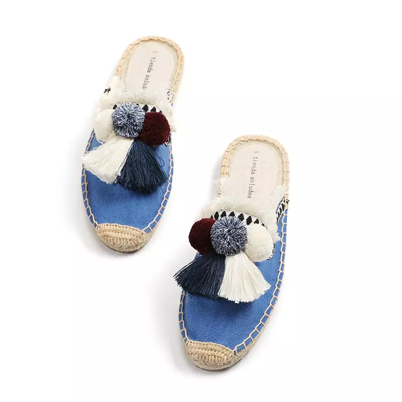Mules Colorées en Toile à Pompons Différents Coloris