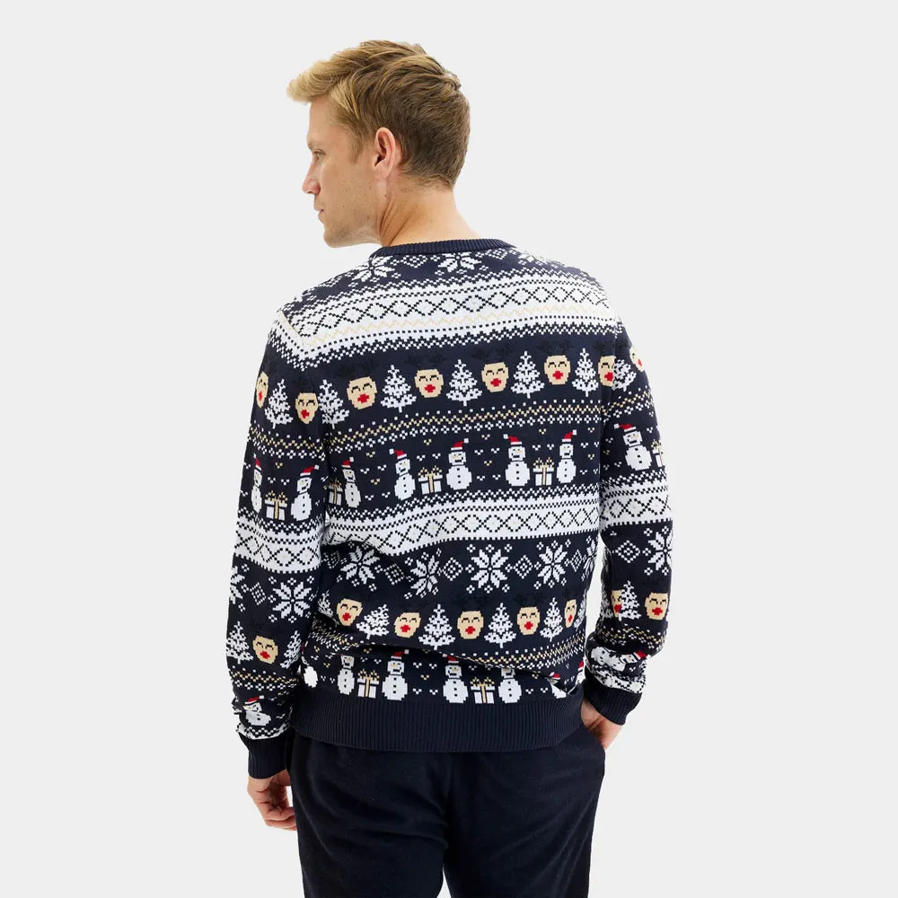 Pull de Nol pour Homme Bleu Bonhommes de Neige et Sapins