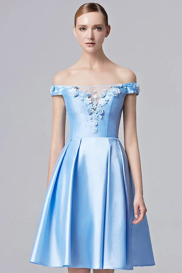 Robe courte bleu bustier floral épaule dénudée pour cérémonie