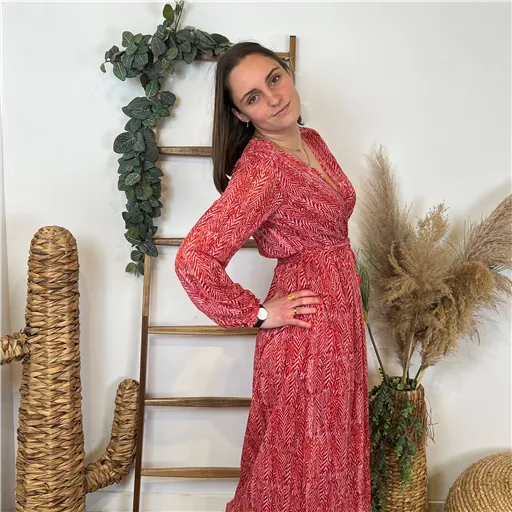 Robe Longue Imprimée Rouge - Bleu Clair