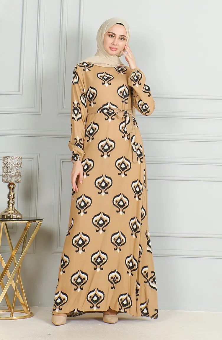 Robe Viscose A Motifs Et Ceinturée 0491-06 Noir Vison 0491-06