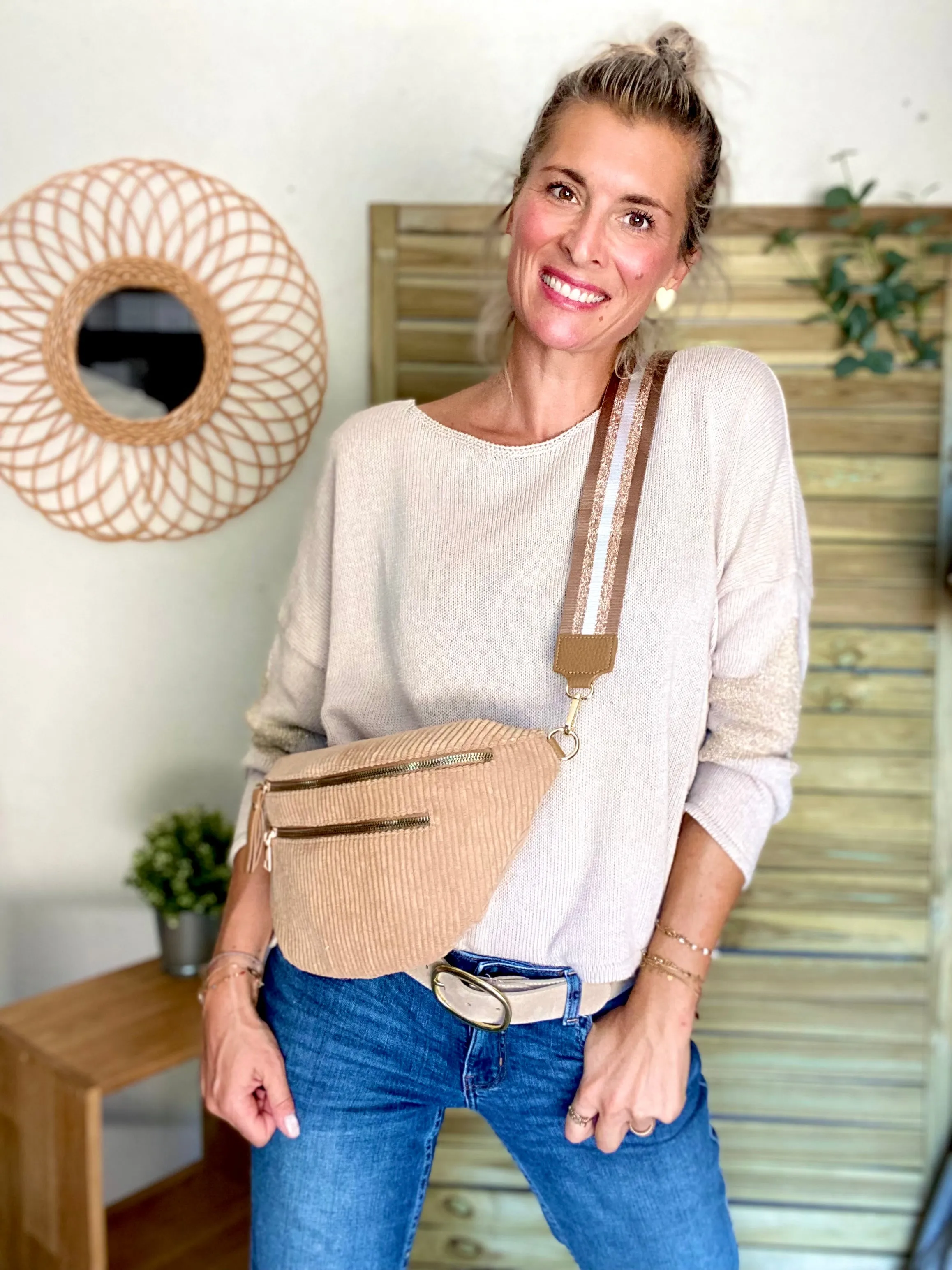 Sac banane XL en velours ctelé 2 zips et sangle fantaisie - WENDY - Beige foncé