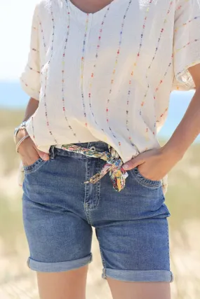 Short bermuda en jean stretch ceinture foulard