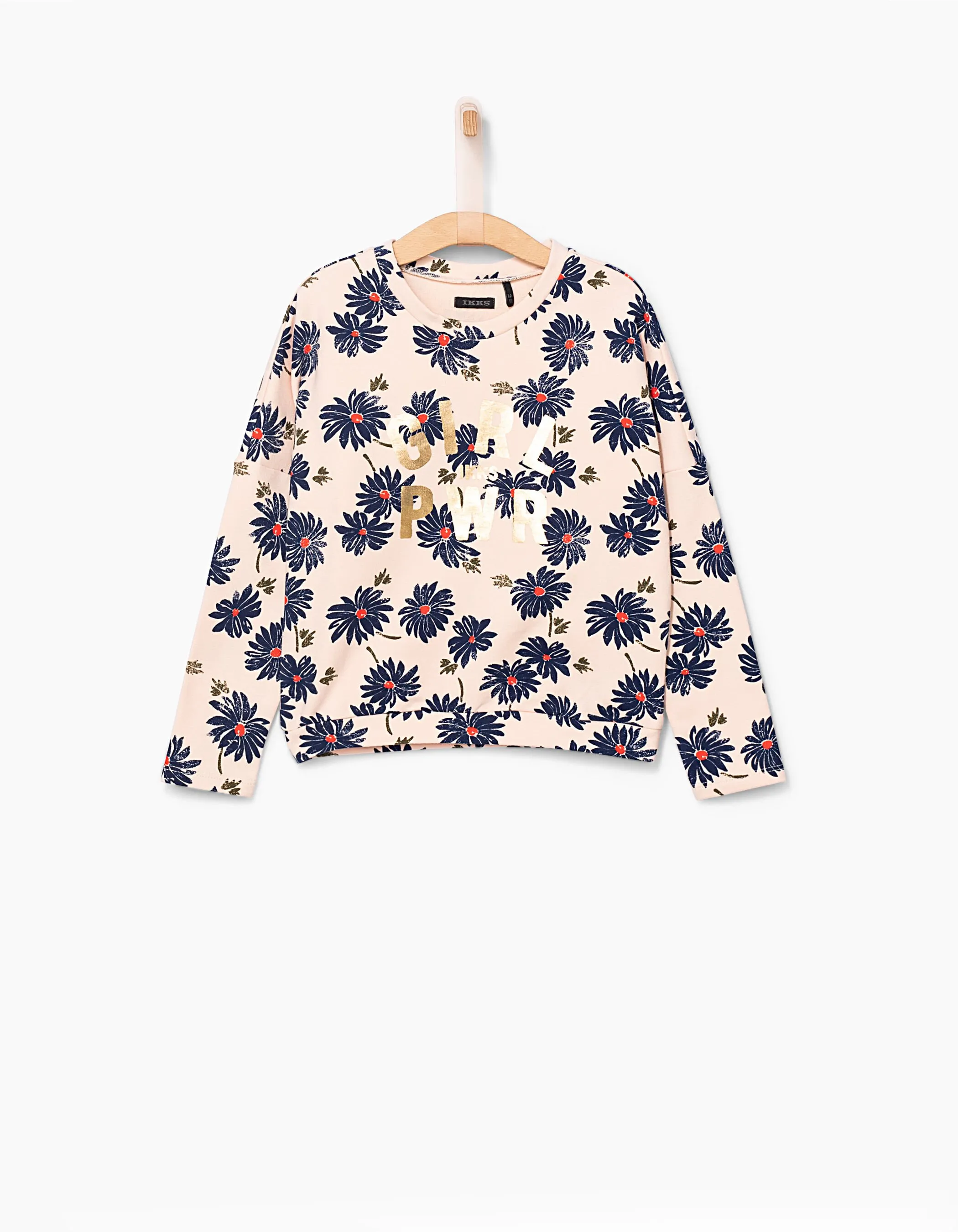 Sweat rose poudré imprimé fleurs GIRL PWR fille