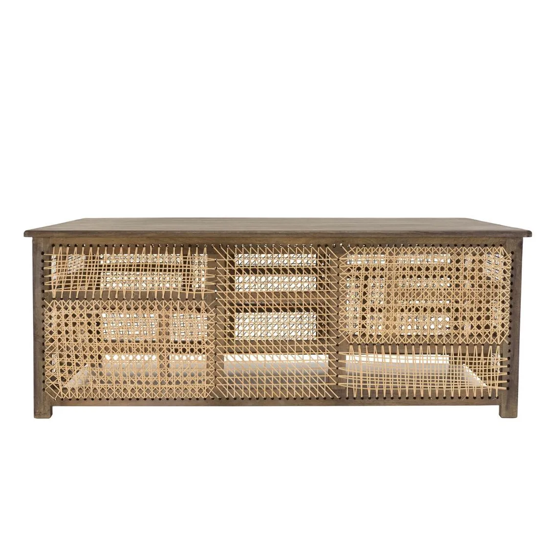 Table basse en bois de manguier foncé, patchwork cannage naturel ISA | 3 Suisses